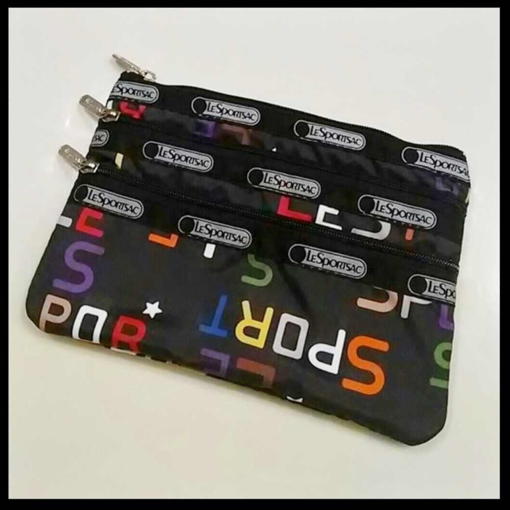 NEW Lesportsac Black With 3 Zipper Pocket Bag.